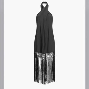 Fringed open back black halter dress